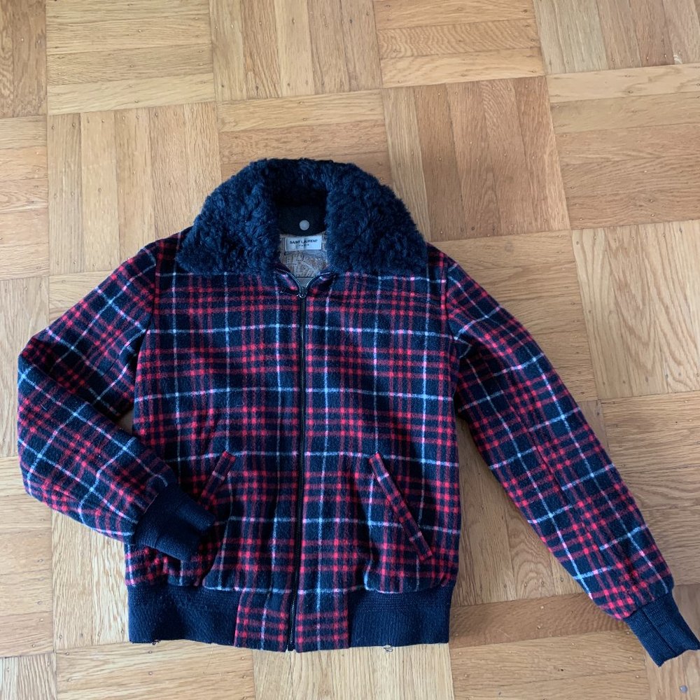 Saint Laurent zip-up red tartan-print checked wool shearling bomber jacket FR 36